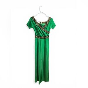 Green Short-Sleeve Jumpsuit with Greek Key Trim